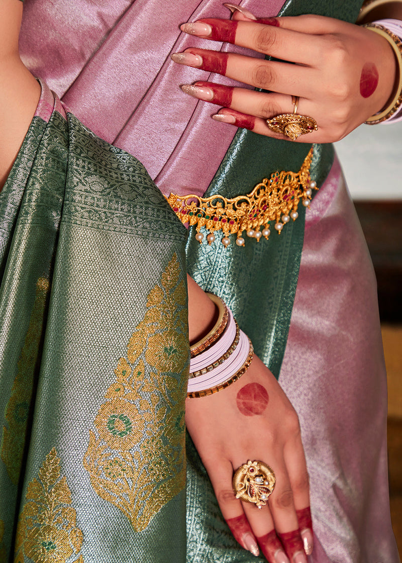 Oriental Pink and Green Handloom Woven Kanjivaram Saree