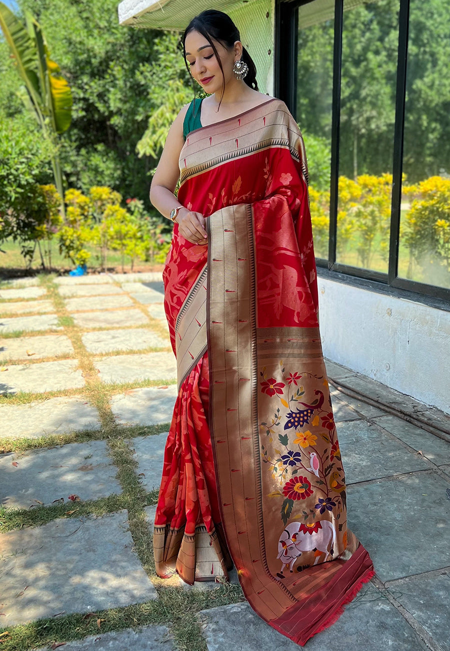 MySilkLove Tamarillo Red Pichwai Woven Paithani Silk Saree