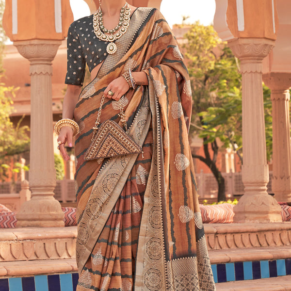 Casual, Traditional Beige and Brown color Organza Silk, Silk fabric Saree :  1882012