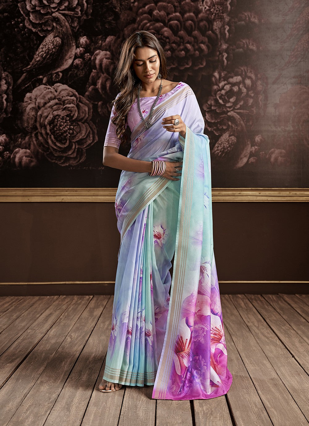 Buy MySilkLove Sky Blue and Lavender Handloom Silk Digital Printed Saree Online
