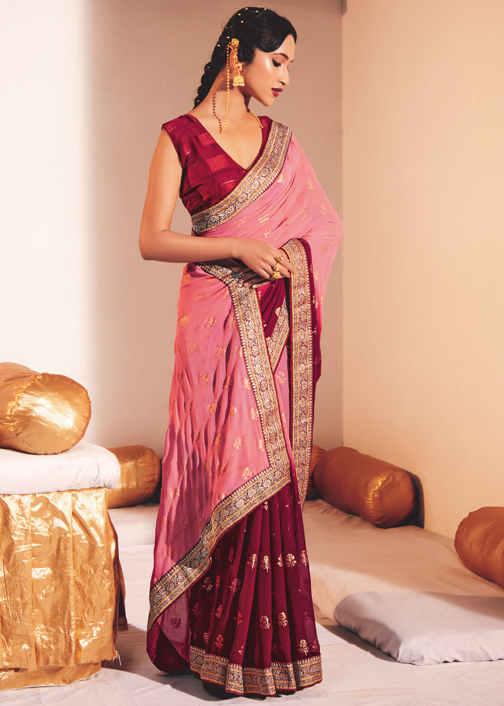 Buy MySilkLove Cornflower Lilac Pink Woven Georgette Silk Saree Online