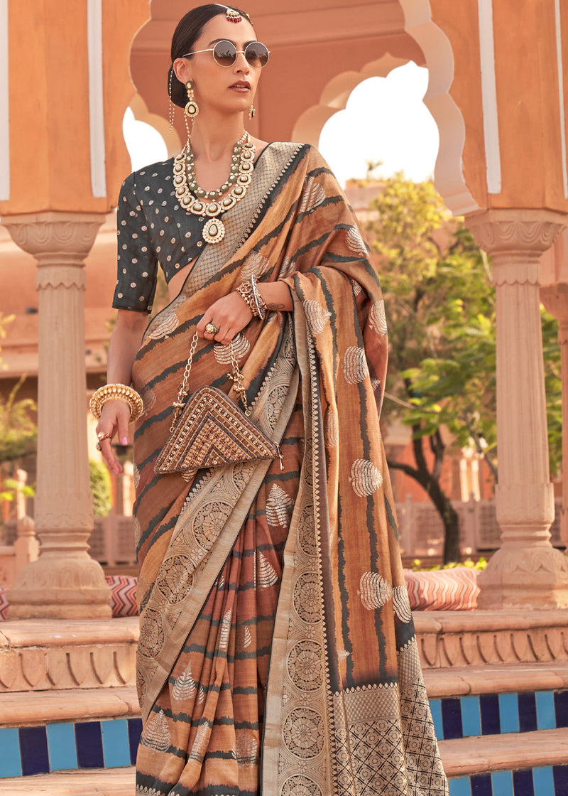 Beige and Brown - Satin Silk - Sarees: Shop online Sarees