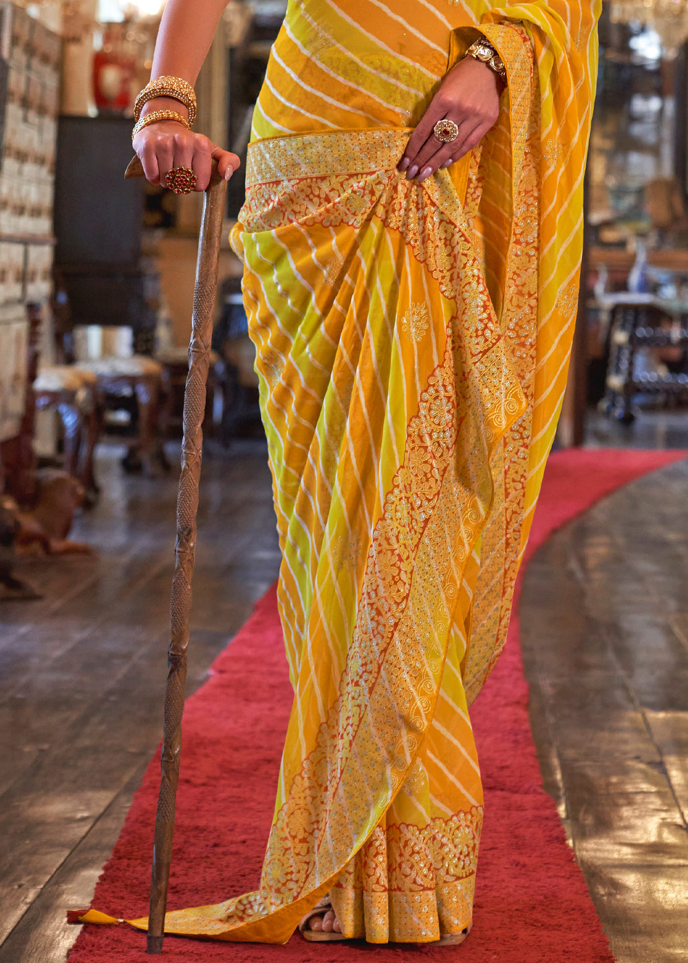 Buy MySilkLove Fuel Yellow Lehariya Georgette Silk Saree Online