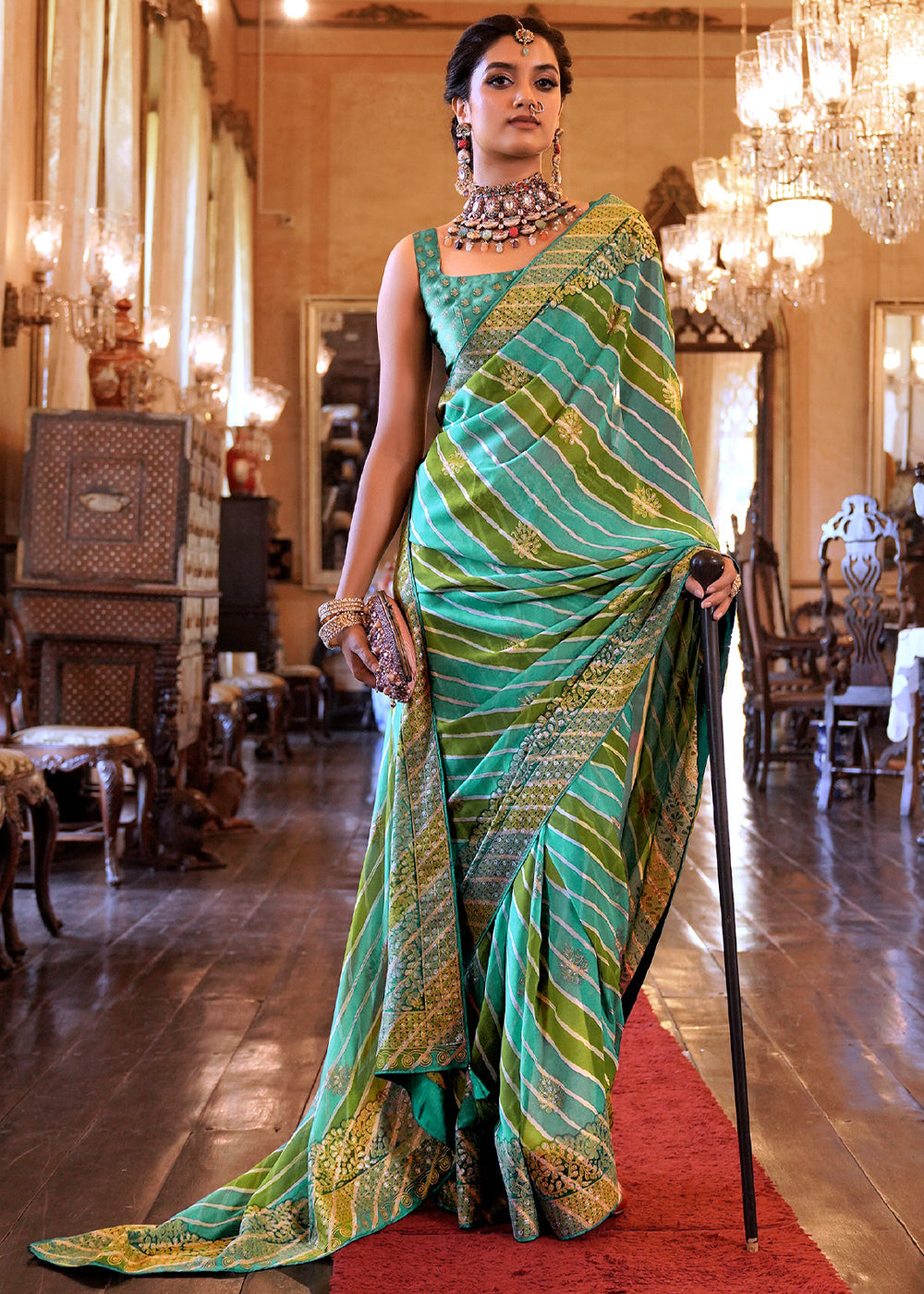 Buy MySilkLove Tradewind Green Lehariya Georgette Silk Saree Online