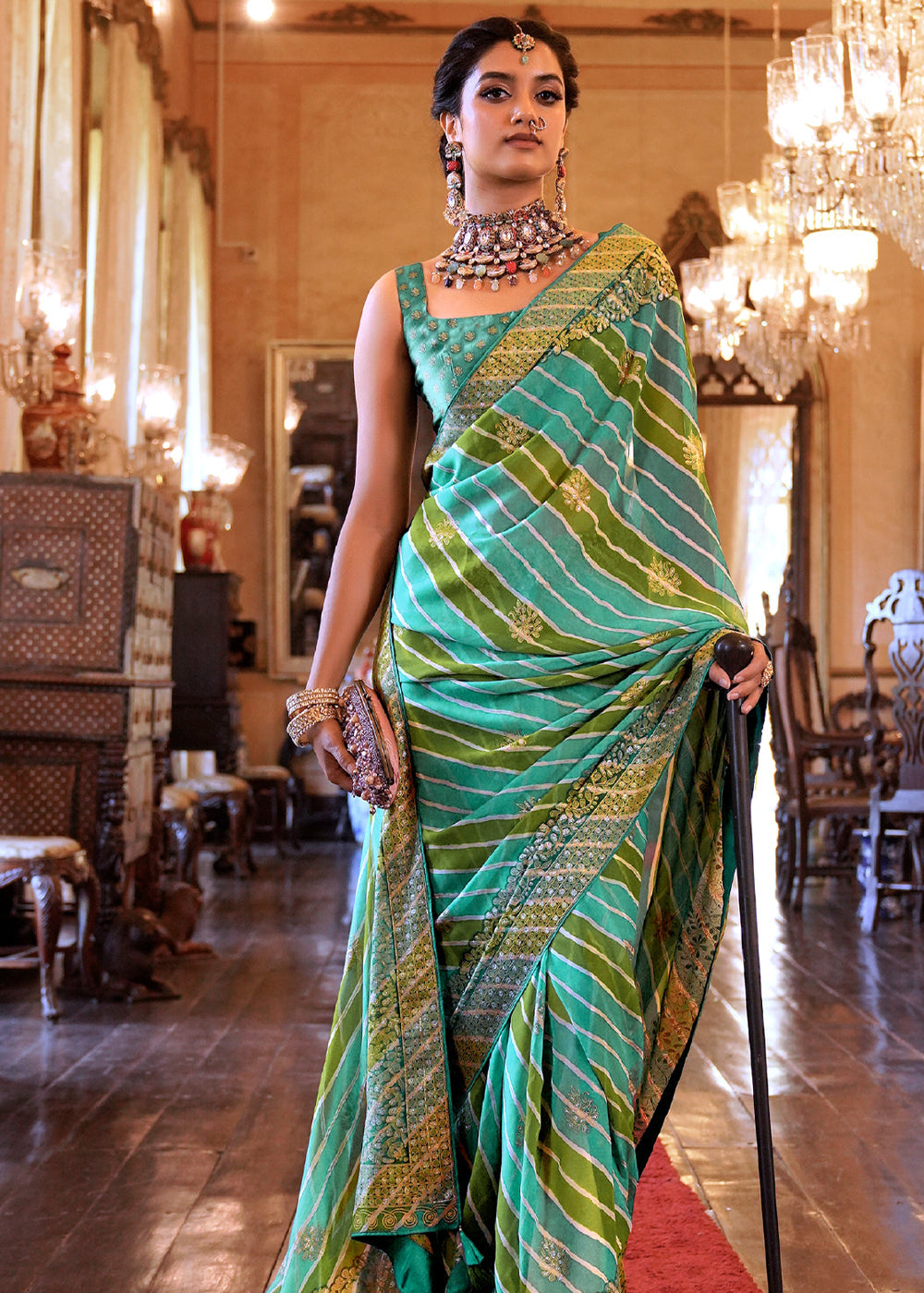 Buy MySilkLove Tradewind Green Lehariya Georgette Silk Saree Online