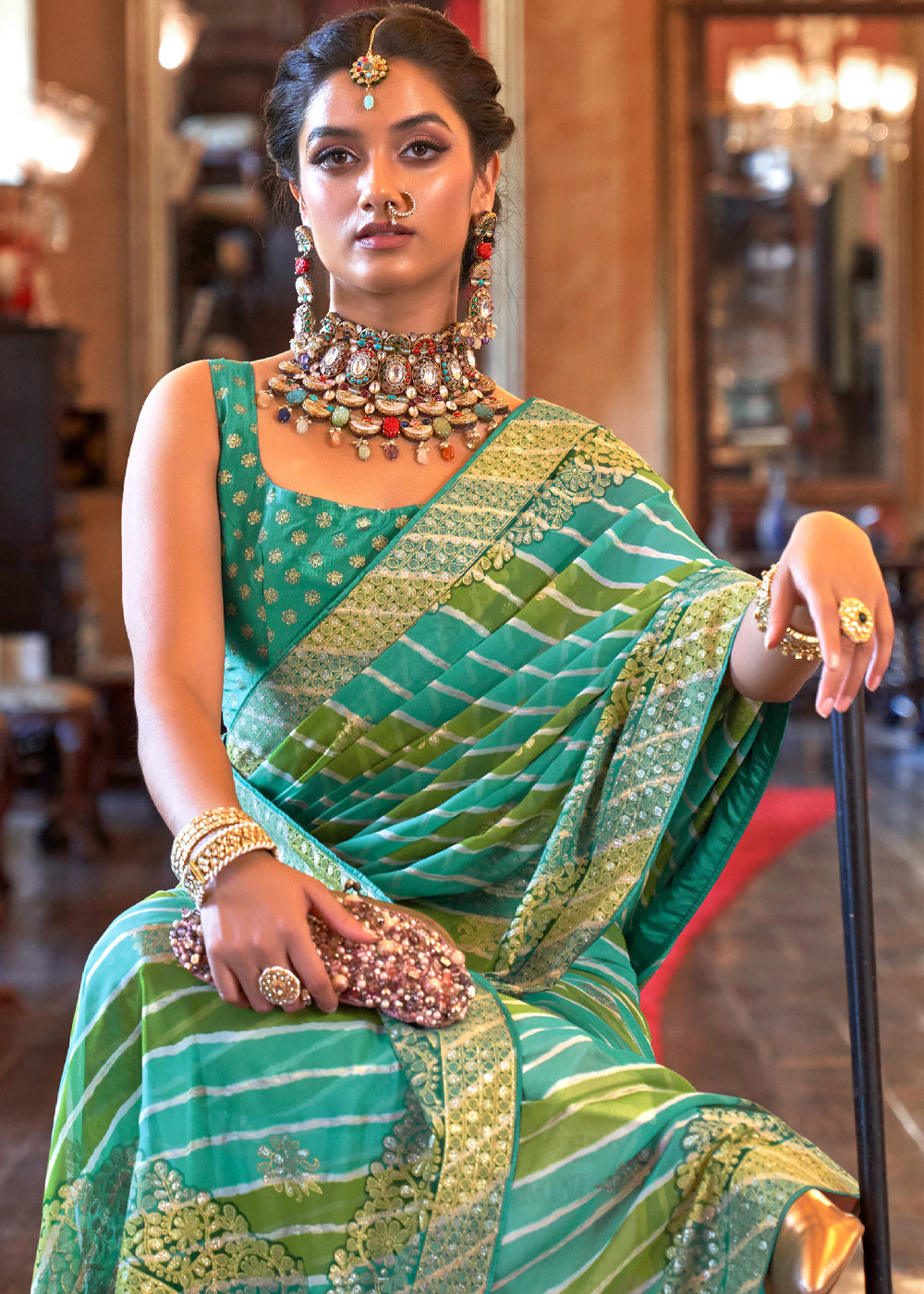 Buy MySilkLove Tradewind Green Lehariya Georgette Silk Saree Online