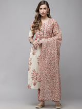 Off White and Red Printed Dupatta Set
