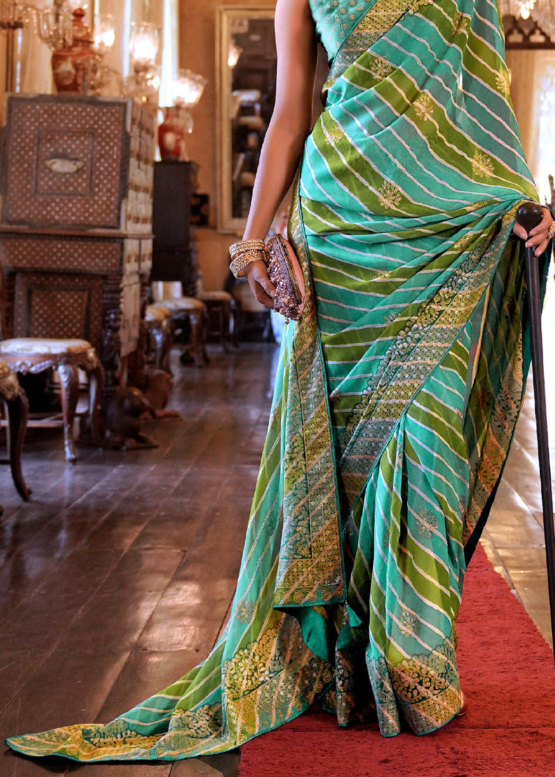 Light Green Kanjeevaram Silk Saree with Peacock Blue Border - Tulsi Weaves