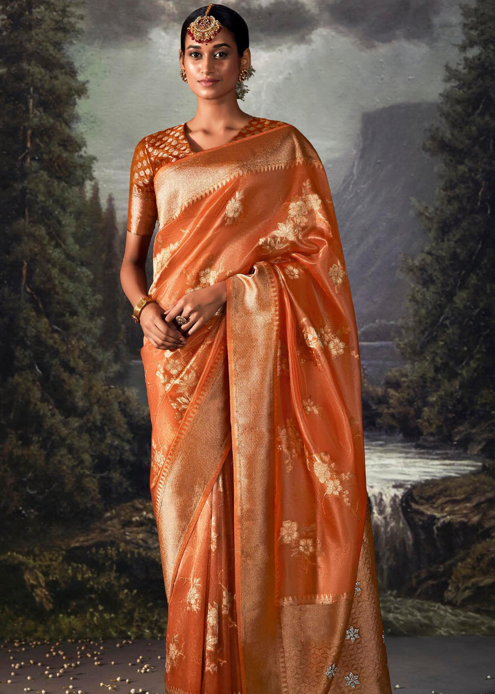 Buy MySilkLove Chardonnay Orange Woven Banarasi Organza Silk Saree Online