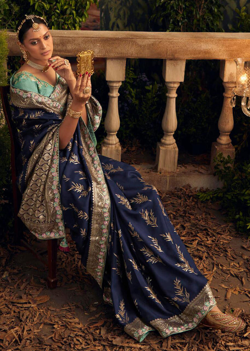 Navy Blue Woven Banarasi Designer Silk Saree – MySilkLove
