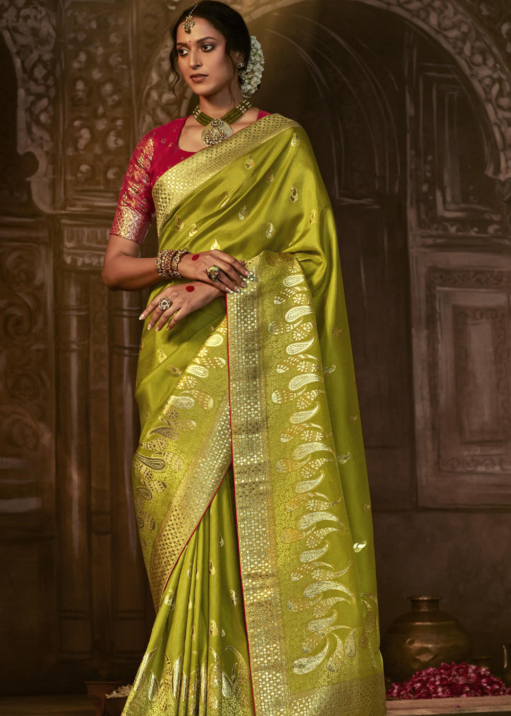 Buy MySilkLove Reef Gold Green Woven Designer Banarasi Silk Saree Online