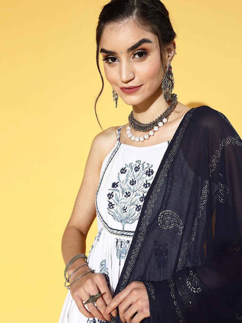 Selago White and Blue Floral Printed Dupatta Set