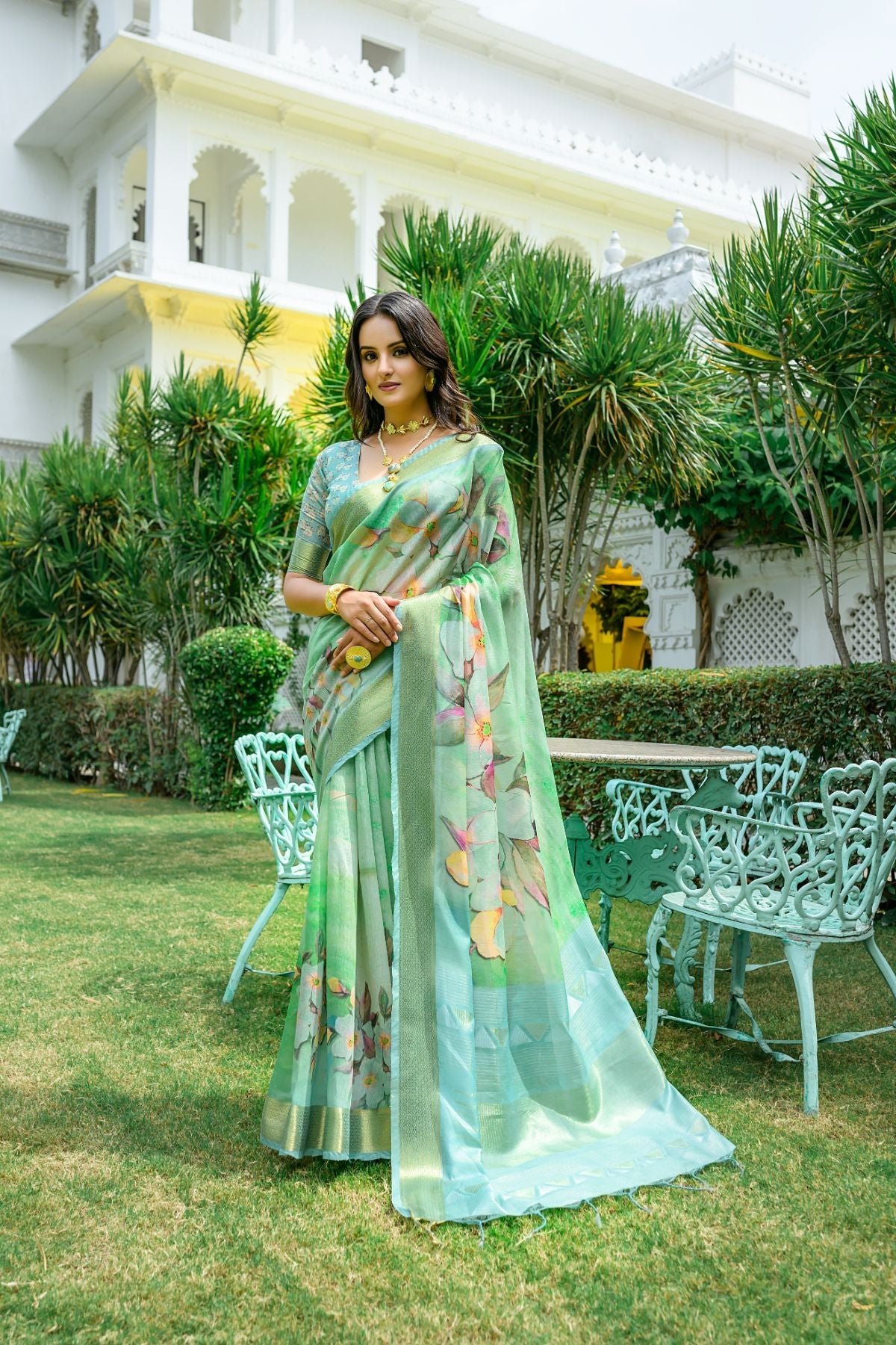 Buy MySilkLove Ocean Green Printed Cotton Saree Online