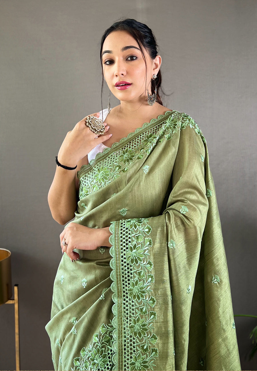 Buy MySilkLove Pine Green Embroidered Tussar Silk Silk Saree Online