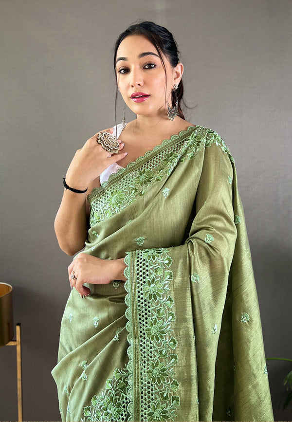 Pine Green Embroidered Tussar Silk Silk Saree