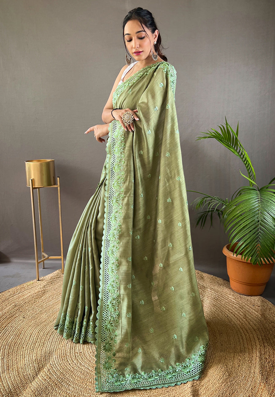 Buy MySilkLove Pine Green Embroidered Tussar Silk Silk Saree Online