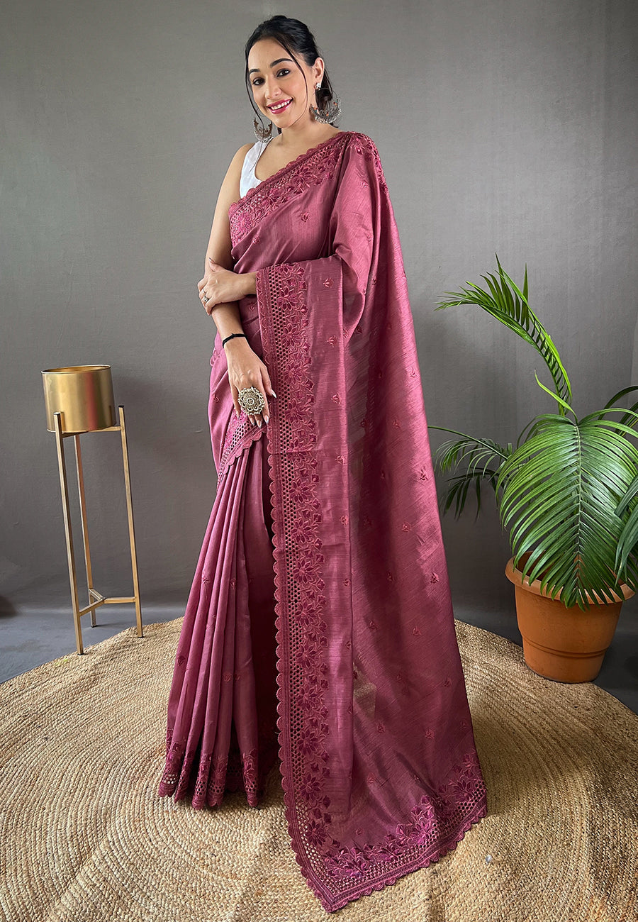 Buy MySilkLove Rose Dust Embroidered Tussar Silk Silk Saree Online