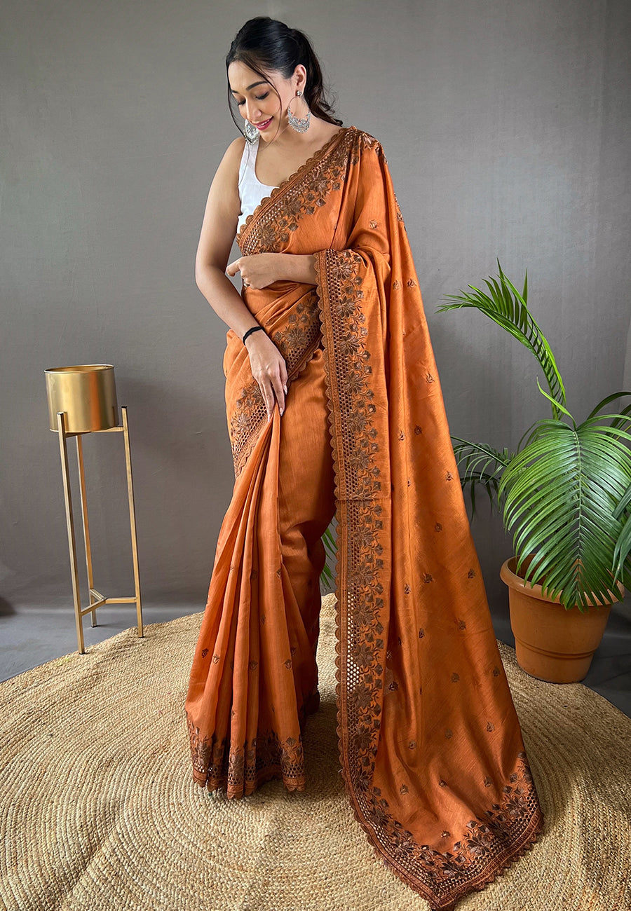 Buy MySilkLove Tuscany Orange Embroidered Tussar Silk Silk Saree Online