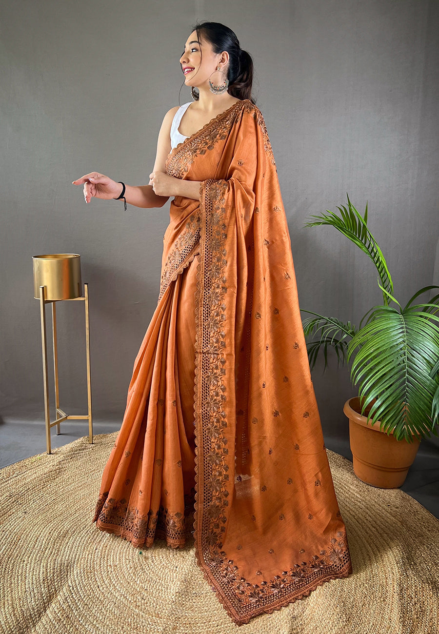 Buy MySilkLove Tuscany Orange Embroidered Tussar Silk Silk Saree Online