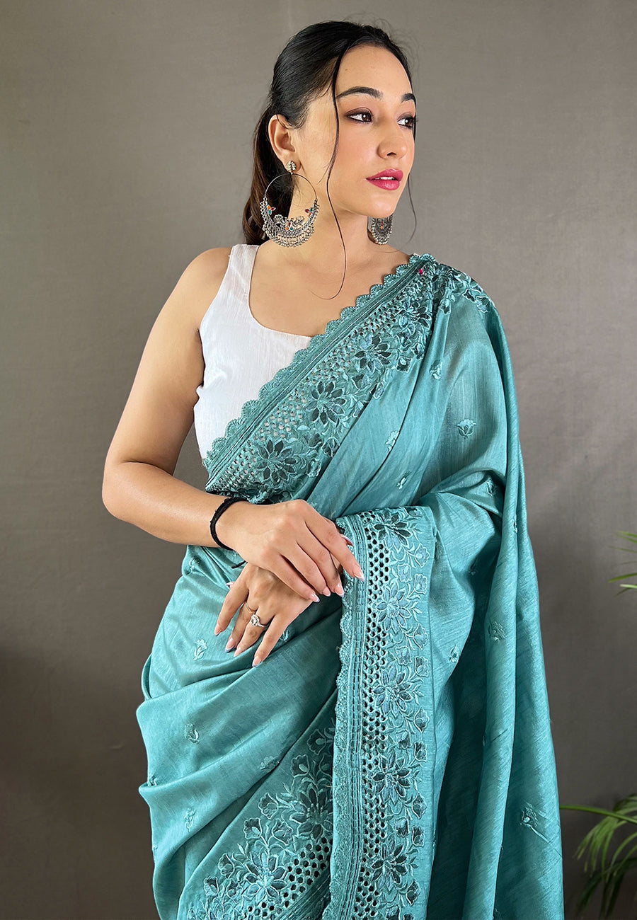 MySilkLove Gulf Stream Blue Embroidered Tussar Silk Silk Saree