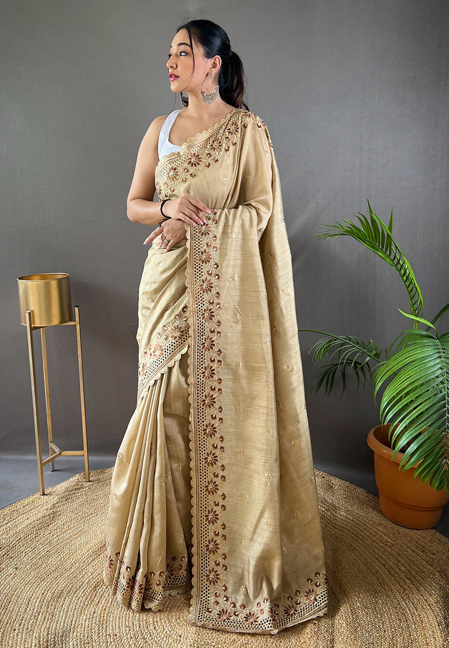 Buy MySilkLove Yuma Cream Embroidered Tussar Silk Silk Saree Online