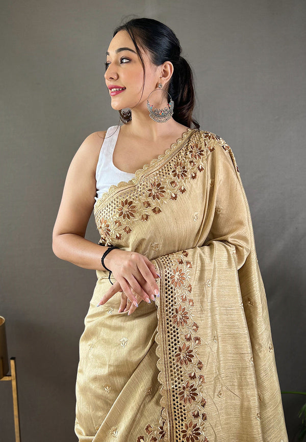 Yuma Cream Embroidered Tussar Silk Silk Saree