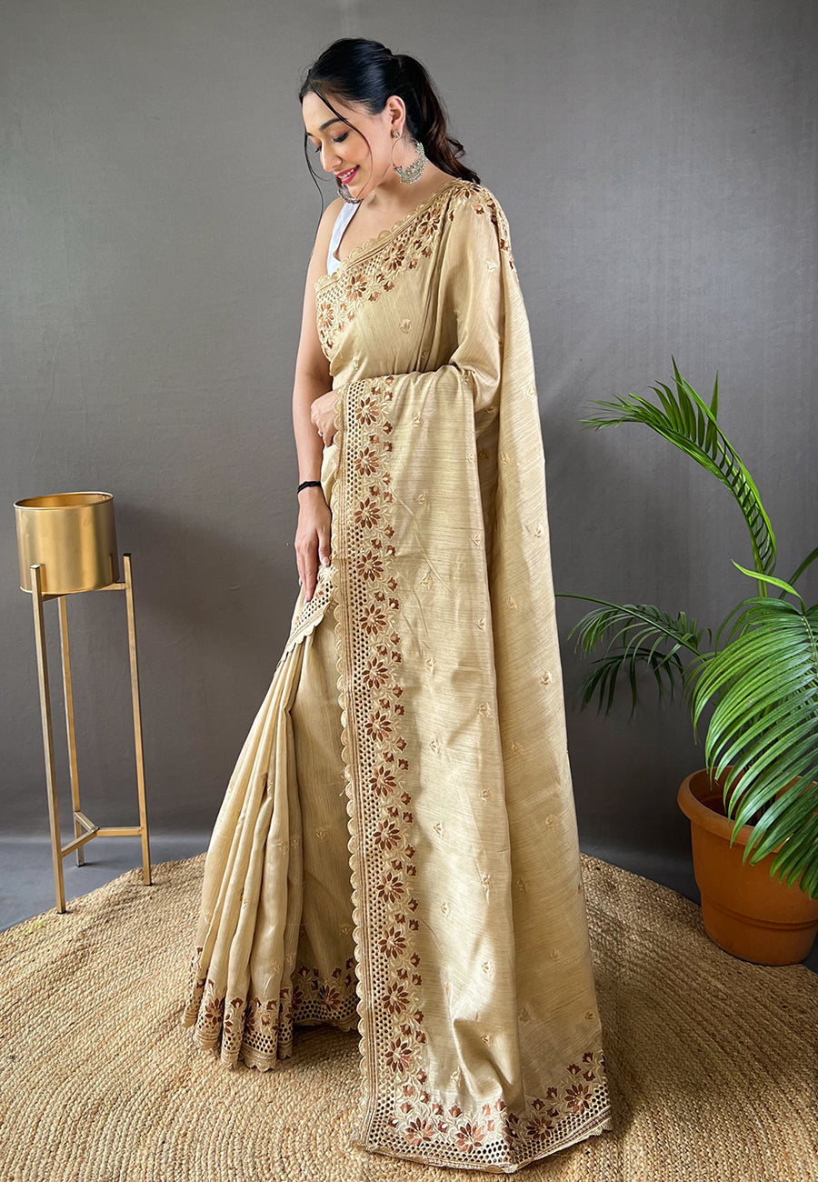 Buy MySilkLove Yuma Cream Embroidered Tussar Silk Silk Saree Online