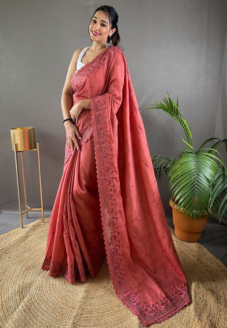 Buy MySilkLove Chestnut Rose Pink Embroidered Tussar Silk Silk Saree Online