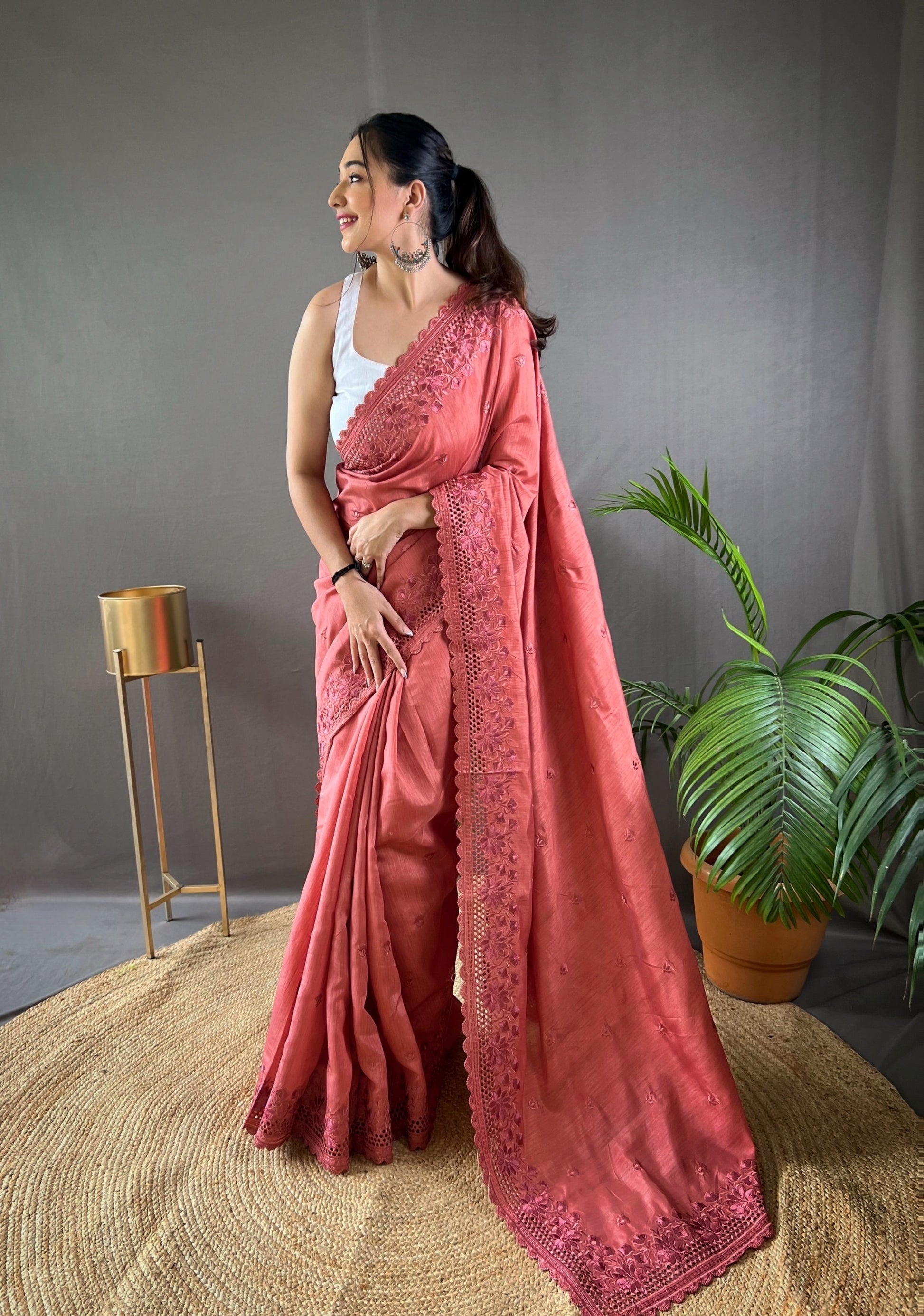 Buy MySilkLove Chestnut Rose Pink Embroidered Tussar Silk Silk Saree Online