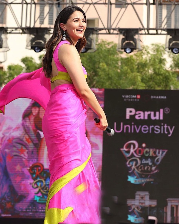 Buy MySilkLove Alia  Bhatt Inspired Magenta Pink Soft Georgette Partywear Saree Online