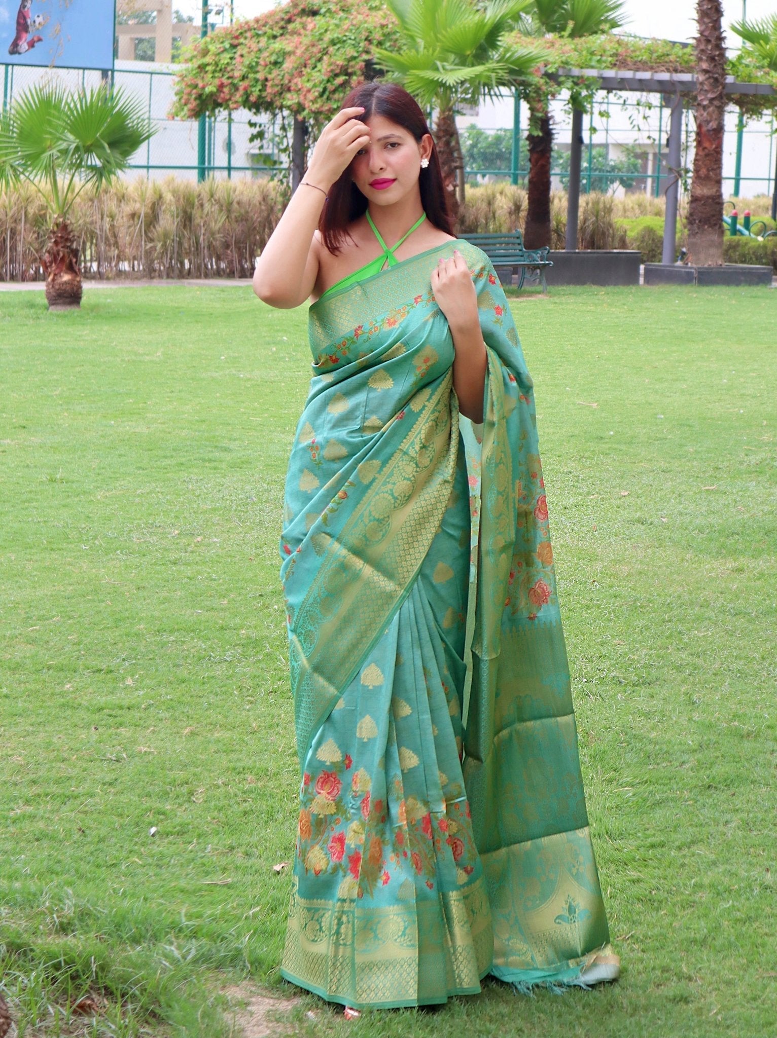 Buy MySilkLove Oxley Green Banarasi Silk Saree with Floral Prints Online