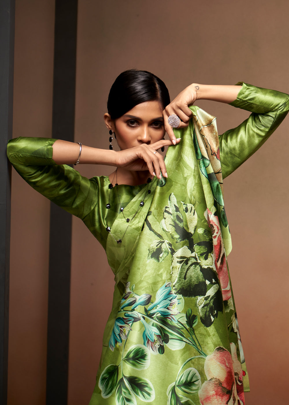 Buy MySilkLove Mantis Green Printed Satin Silk Saree Online