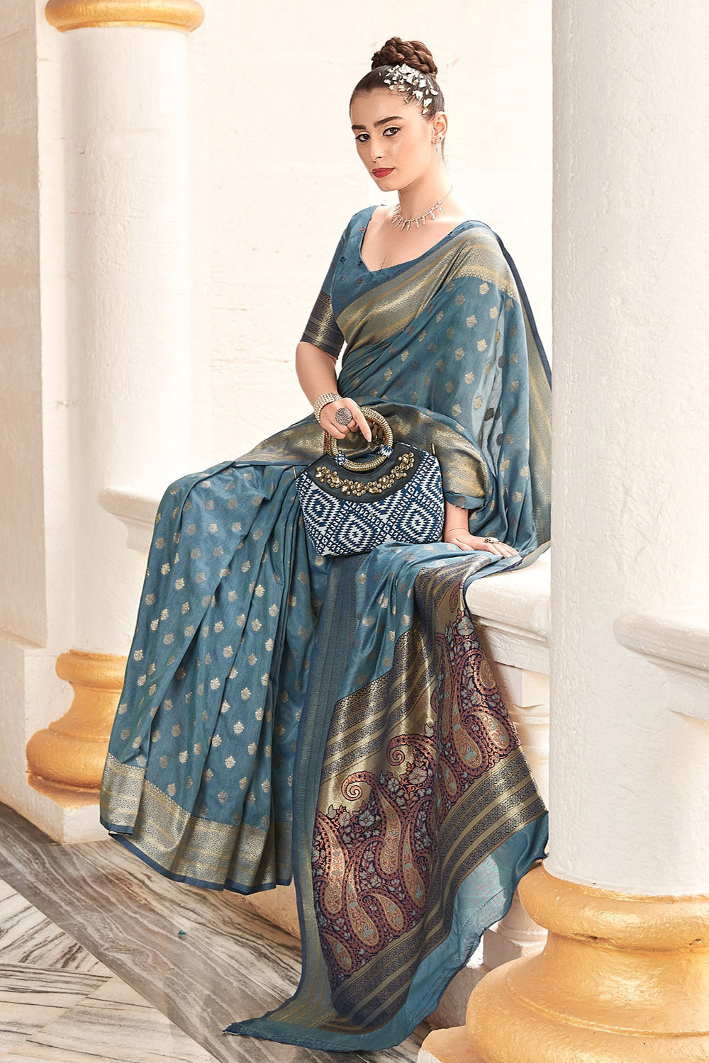 Buy MySilkLove Limed Spruce Grey Woven Cotton Saree Online