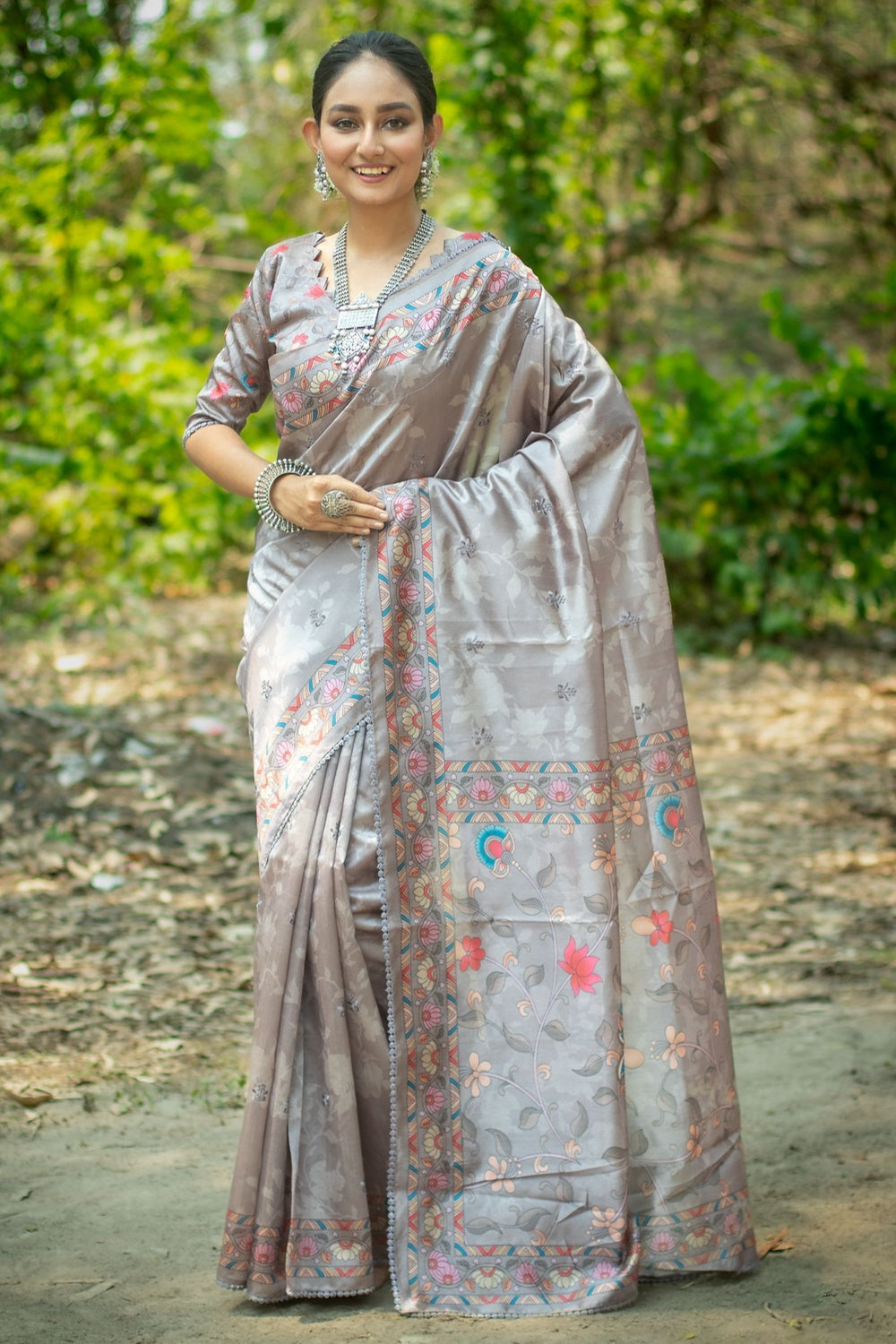 Buy MySilkLove Nobel Grey Tussar Silk Kalamkari Printed Saree Online