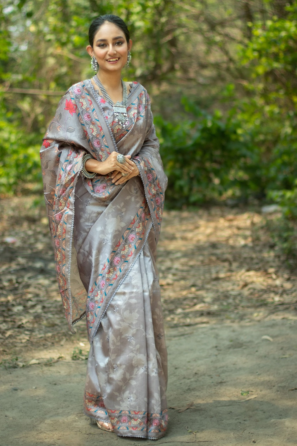 Buy MySilkLove Nobel Grey Tussar Silk Kalamkari Printed Saree Online