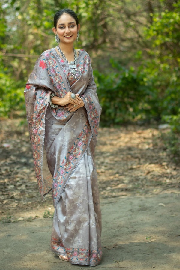 Nobel Grey Tussar Silk Kalamkari Printed Saree
