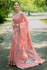 Aboli Peach Tussar Silk Kalamkari Printed Saree