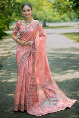 Aboli Peach Tussar Silk Kalamkari Printed Saree