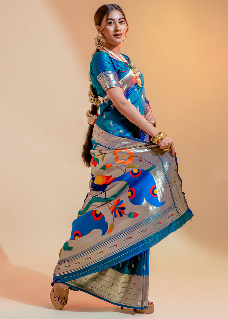 Pacific Blue Woven Paithani Silk Saree