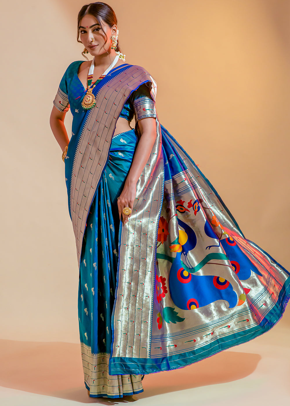 Buy MySilkLove Pacific Blue Woven Paithani Silk Saree Online