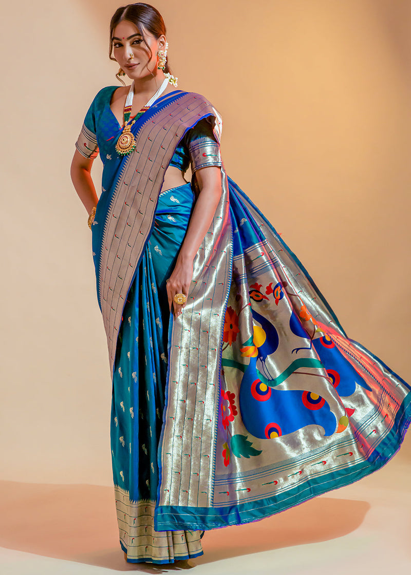 Pacific Blue Woven Paithani Silk Saree