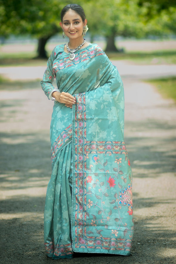 Patina Blue Tussar Silk Kalamkari Printed Saree