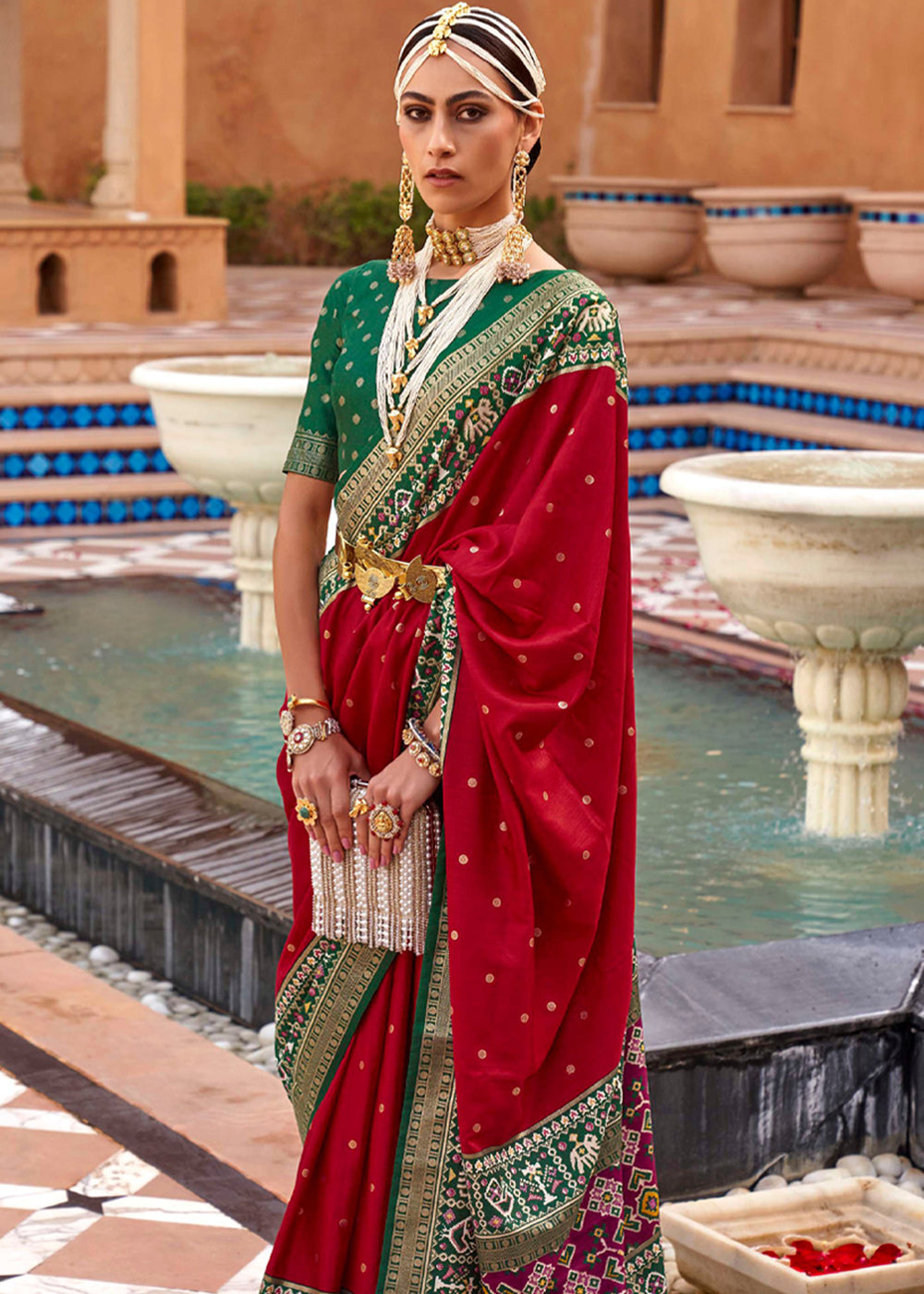 Buy MySilkLove Cherry Red and Green Woven Patola Silk Saree Online