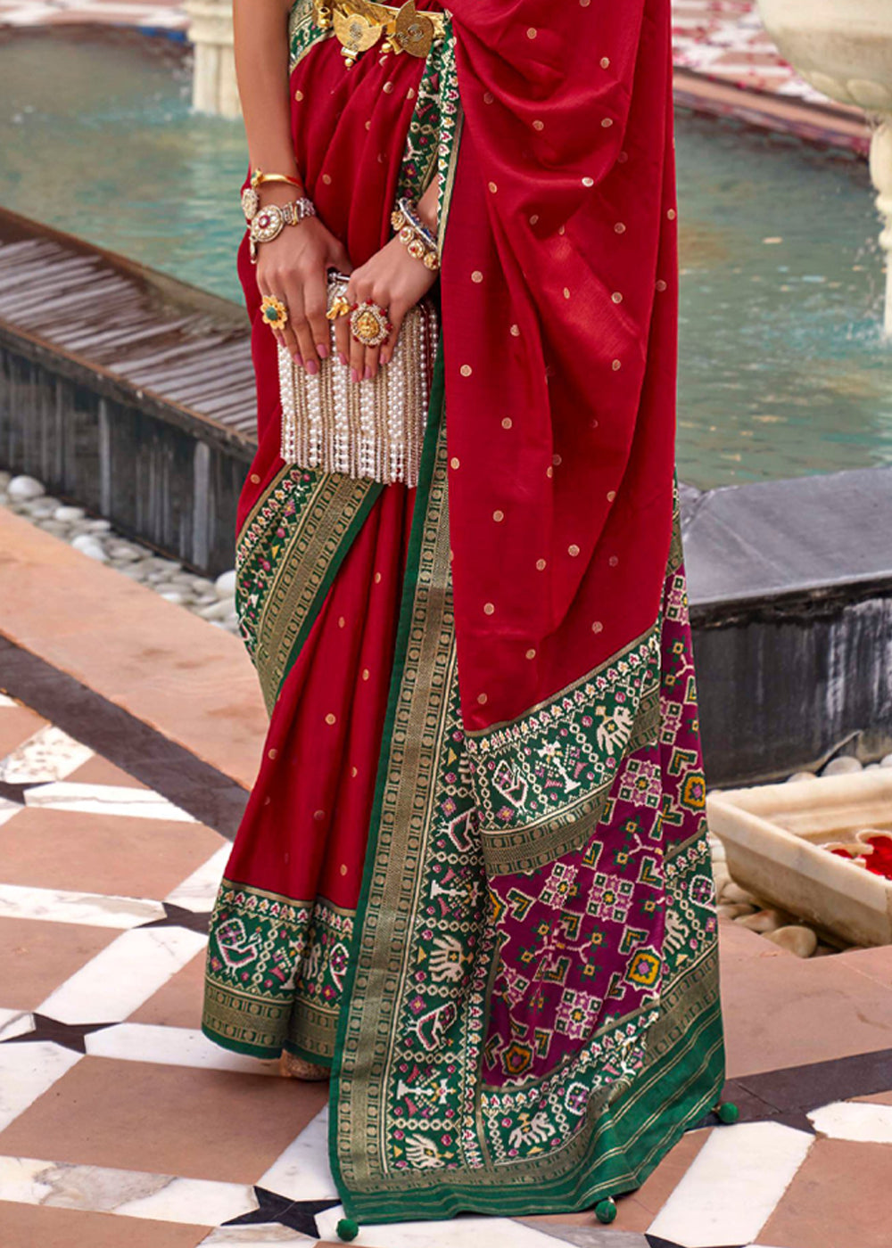 Buy MySilkLove Cherry Red and Green Woven Patola Silk Saree Online