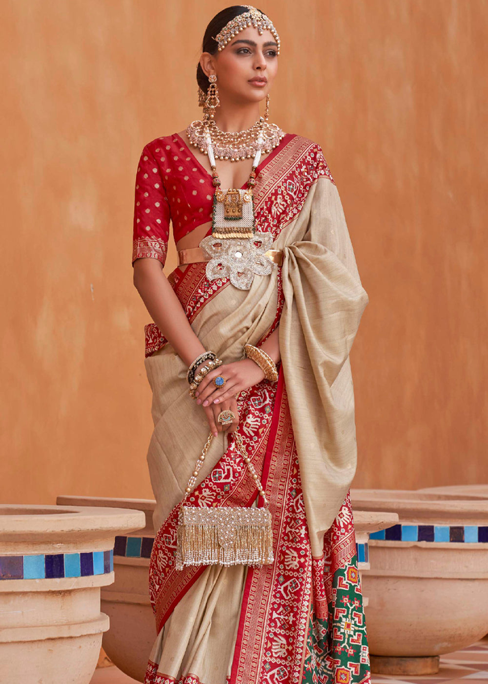 Buy MySilkLove Rodeo Dust Cream and Red Woven Patola Silk Saree Online