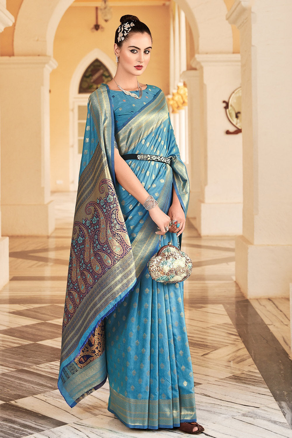 Buy MySilkLove Morning Glory Blue Woven Cotton Saree Online