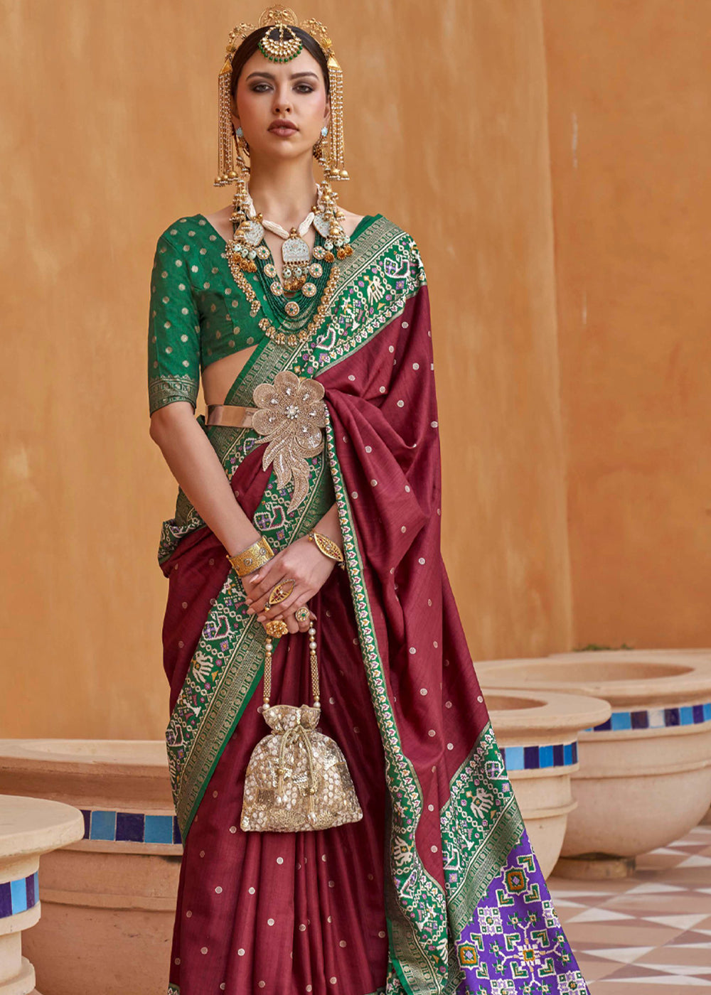 Buy MySilkLove Stiletto Maroon and Green Woven Patola Silk Saree Online