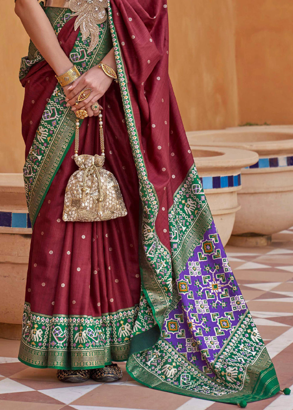 Buy MySilkLove Stiletto Maroon and Green Woven Patola Silk Saree Online