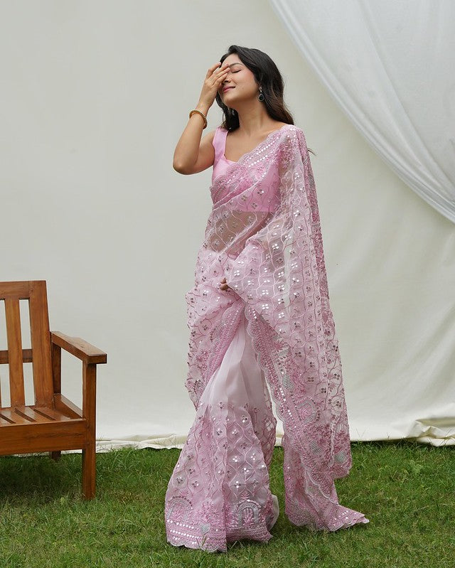 Shop Pink Organza Saree With Red Bhandhej Blouse Online in USA – Pure  Elegance