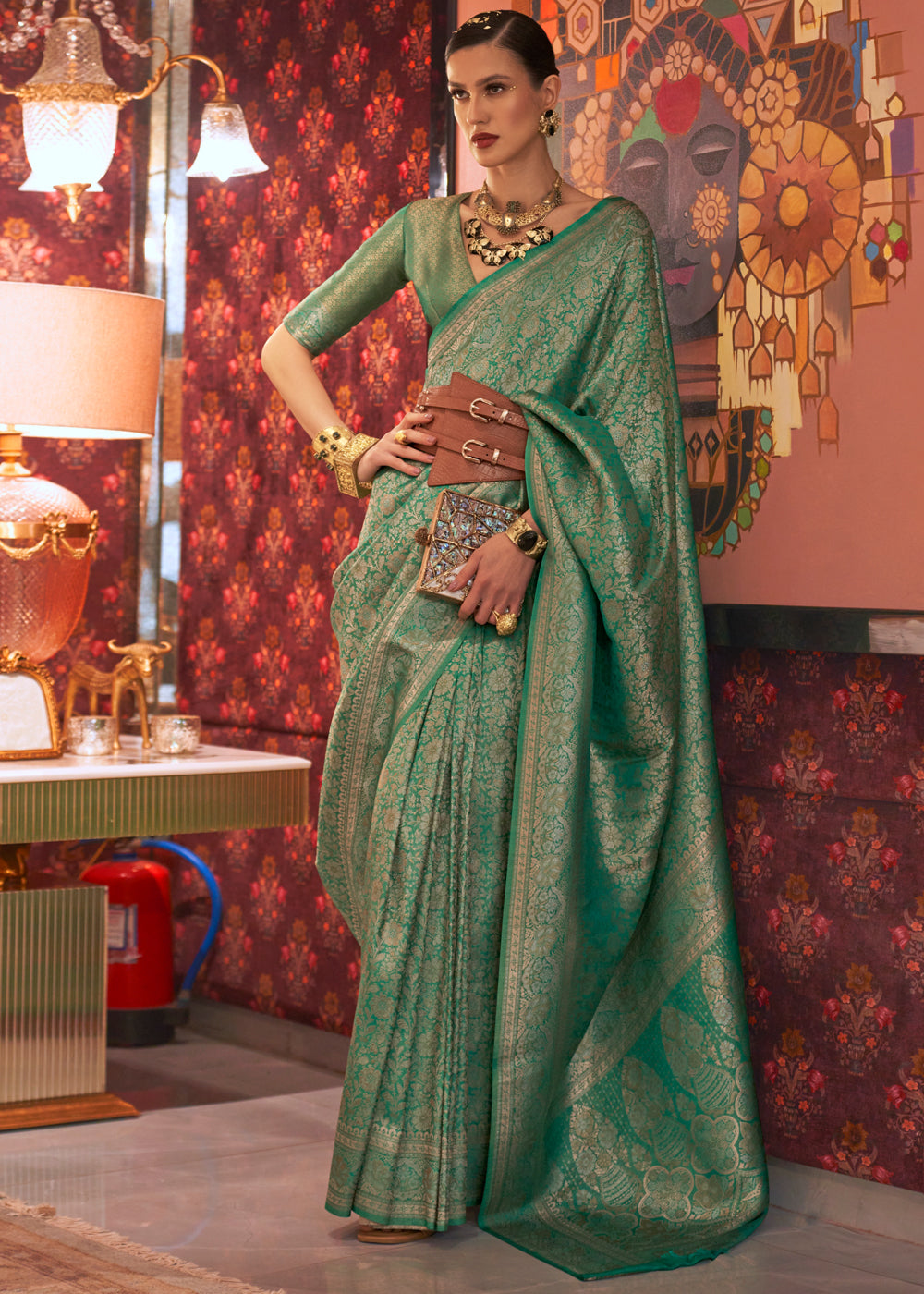 Buy MySilkLove Camouflage Green Dual Tone Woven Kanjivaram Silk Saree Online